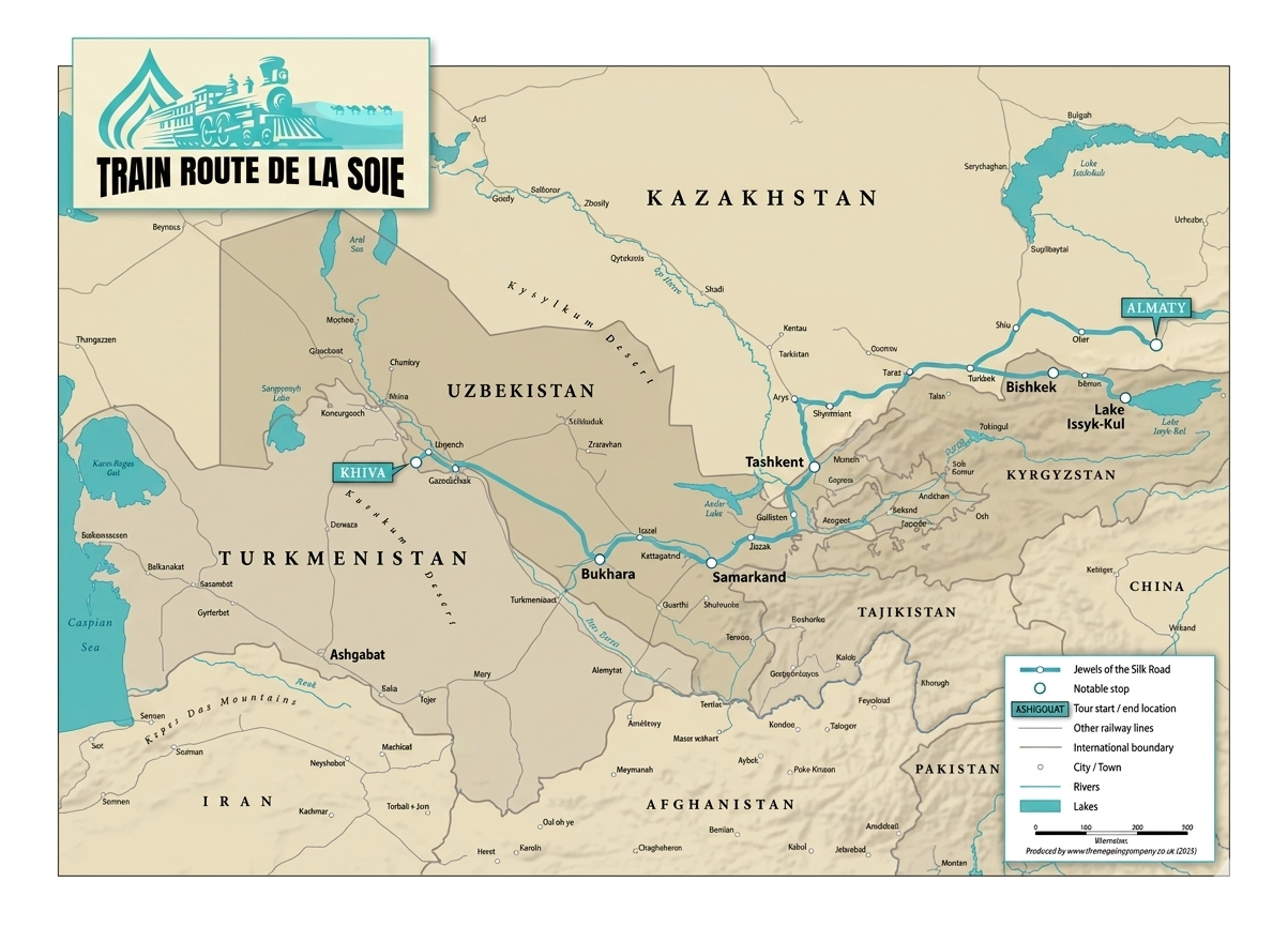 Carte itin&eacute;raire Jewels of the Silk Road &mdash; Bakou, Khiva, Boukhara, Samarkand, Tachkent, Lac Issyk-Kul, Almaty